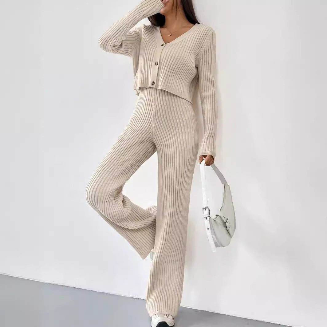 Two-piece Women's V-neck Short Knitted Cardigan Bootcut Trousers Versatile Casual Women's Clothing