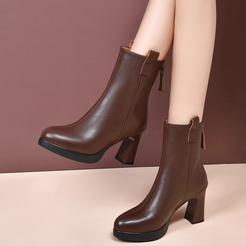 Soft Leather High Heel Boots Female Plus Velvet Genuine Leather