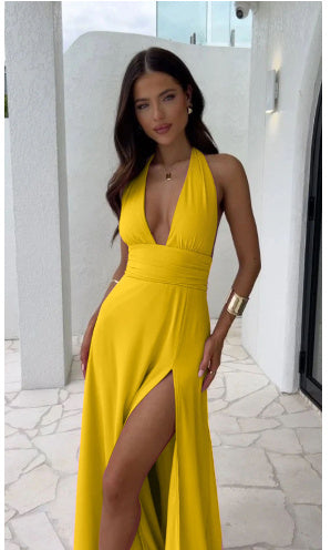 Backless Halterneck V-Neck Dress with Slit