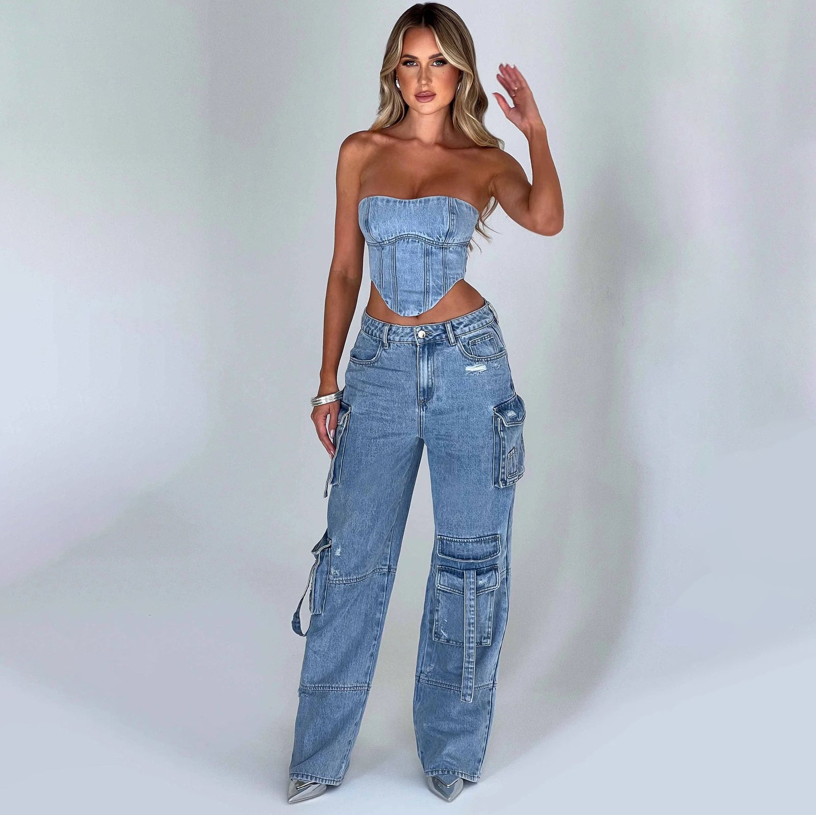 2-teiliges Jeans-Set für den Sommer, sexy, rückenfreies Tube-Top