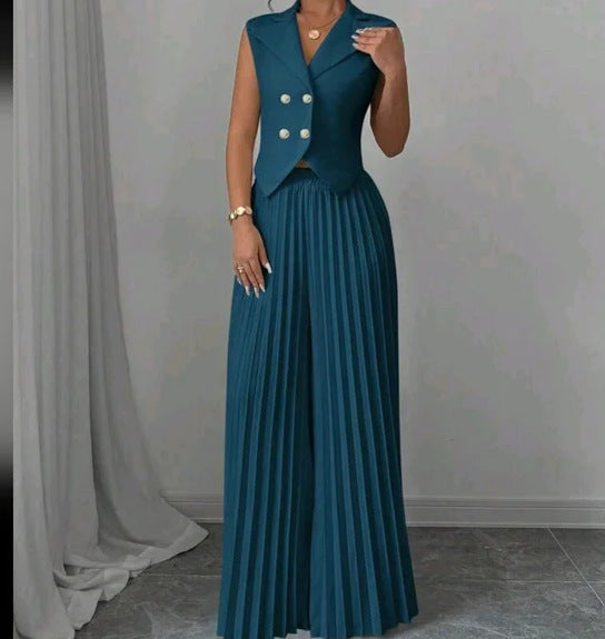 Women's Summer Sleeveless Suit – Button Vest & Pleated Pants Set