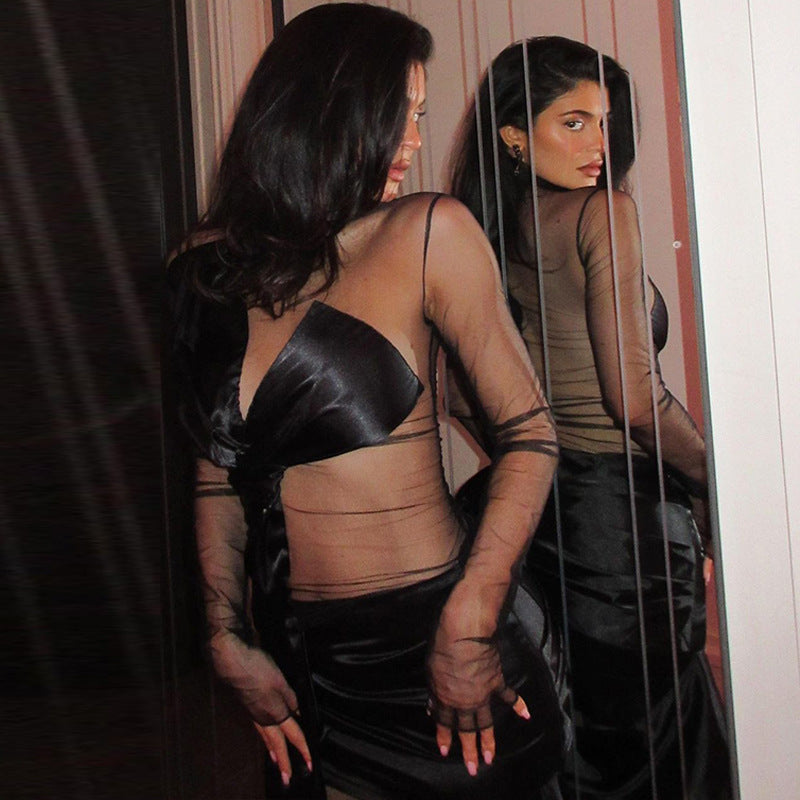 European & American Summer Sheer Mesh Long Sleeve Dress – Sexy Fashion