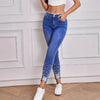 Women's High Waist Stretch Denim Trousers Pearl Ripped Tassel