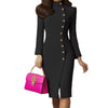 Fall Fashion Long Sleeve Stand-up Collar Slim Fit Metal Button Split Dress