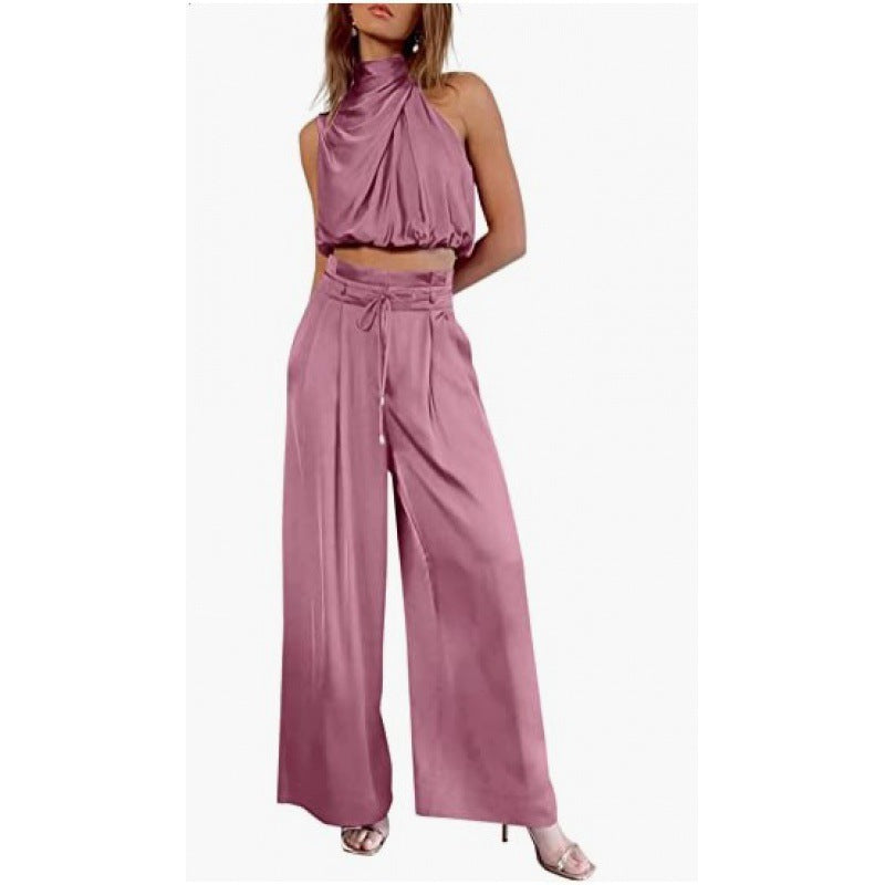 Sleeveless Crop Top & Wide-Leg Pants Set