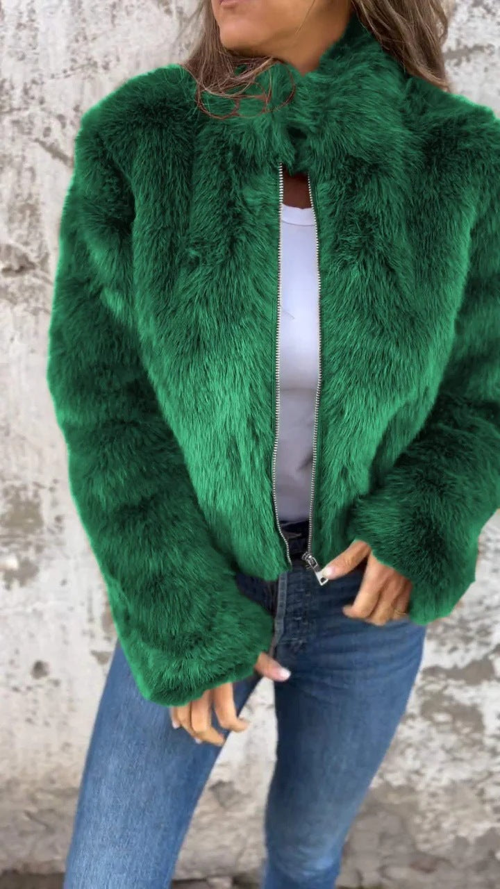 Women's Imitation Fur Turtleneck Zipper Jacket