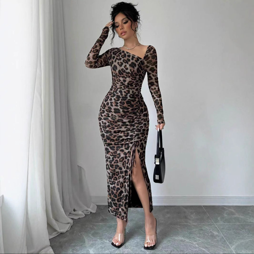 New Women's Round Neck Long Sleeve Sexy Leopard Print Dress
