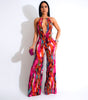 Multicolor Wave Deep V Bare Back High Waist Casual Pants