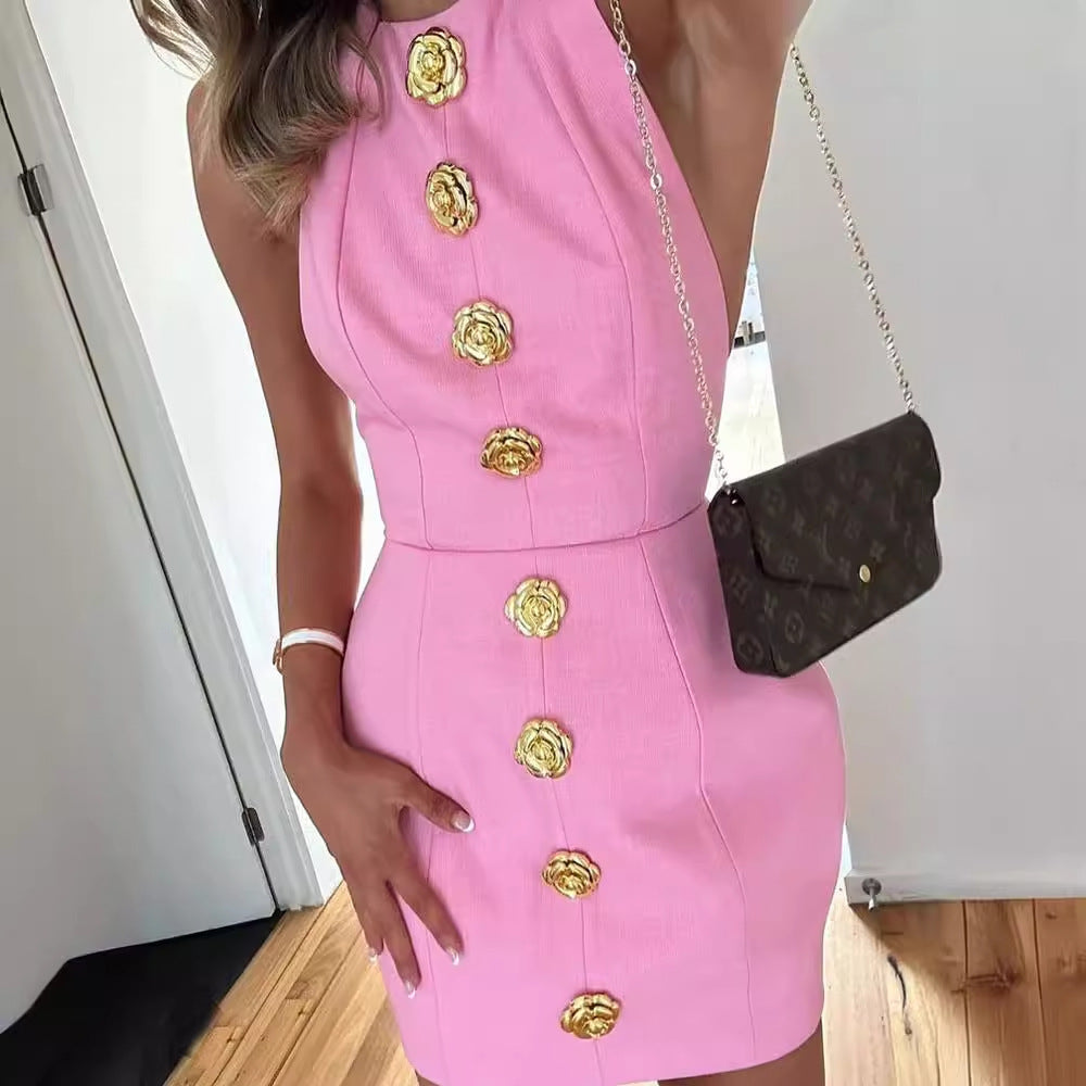 Sleeveless Backless Rose Button Dress