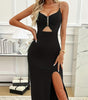 Ladies' Fashionable And Sexy Slim Fit V-neck Chain Dcor Cut High Slit Dress