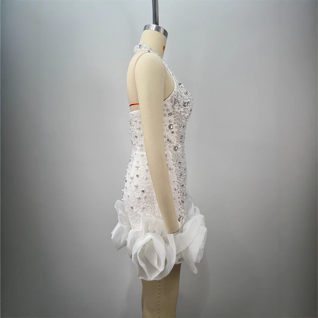 White Halter Slim Beaded Sleeveless Mesh Pleats Mini Dress