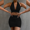 2pcs Women's Dress Suit: Halter Lace-up Top & Pleated Hip-covering Skirt