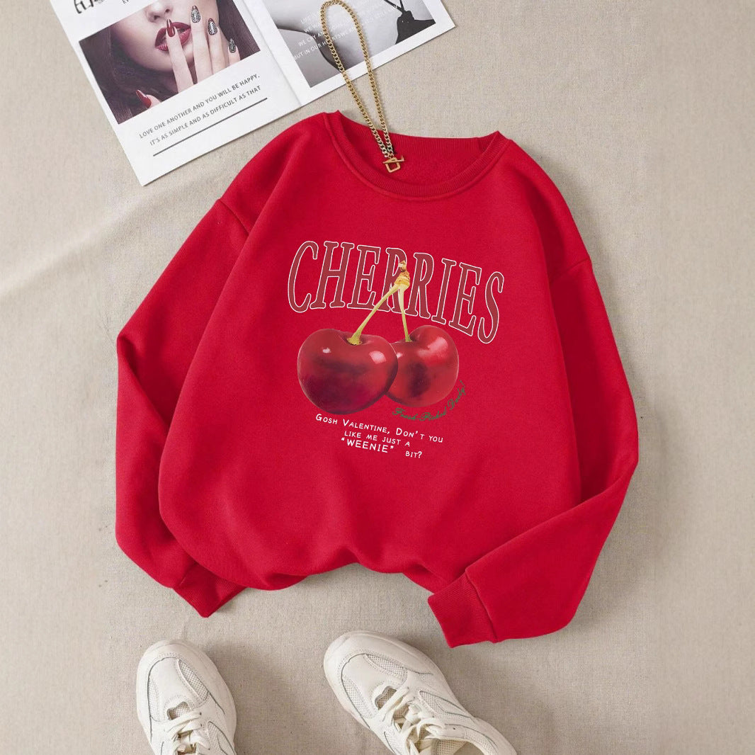 Fashion Women's Sweatshirt Fresh Red Cherry Printed Sweater