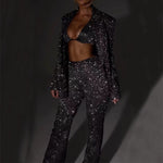 3-Piece Shiny Blazer Set: Bra, Lapel Jacket & Straight-Leg Trousers for Women