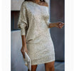 Fashion Oblique Shoulder Sequins Dress Ins Long-sleeved Dresses