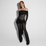 Black Lace Stitching Sexy Lace-up Off-the-shoulder Jumpsuit