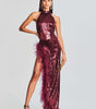 Feather Wine Red Sequined Halter Dress