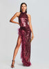 Feather Wine Red Sequined Halter Dress