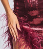 Feather Wine Red Sequined Halter Dress