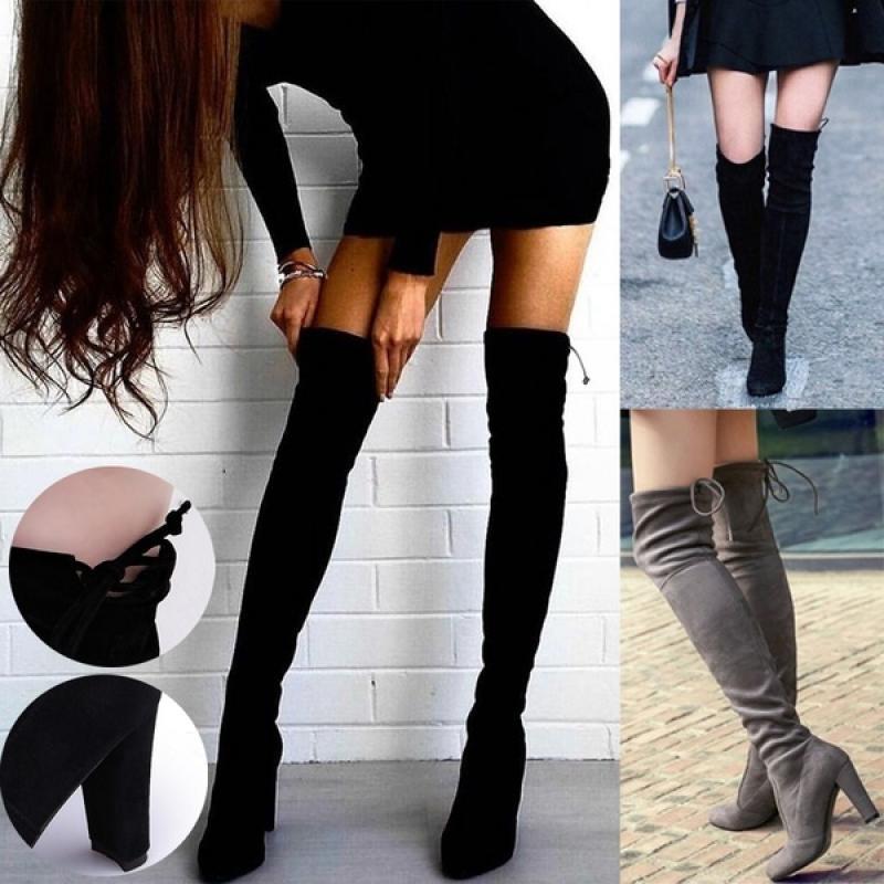 Schwarze kniehohe Stiefel für Frauen Schuhe High Heel Lange Stiefel