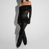 Black Lace Stitching Sexy Lace-up Off-the-shoulder Jumpsuit