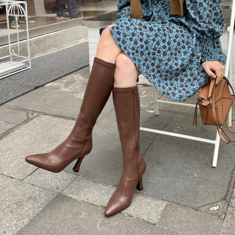 Square Toe Knee-high Stretch Boots Super High Heel Below The Knee Thin Boots