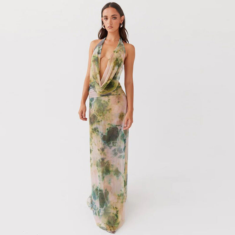 Tie-Dye Deep V-Neck Halter Maxi Dress – 2pcs Beach Party Set