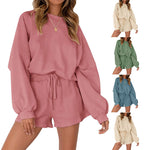 Loose Pullover & Drawstring Shorts Set - Women's Casual Sportswear