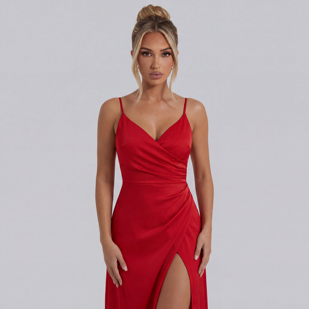 Isabella | Satin Wedding Guest Maxi Dress with Side Slit