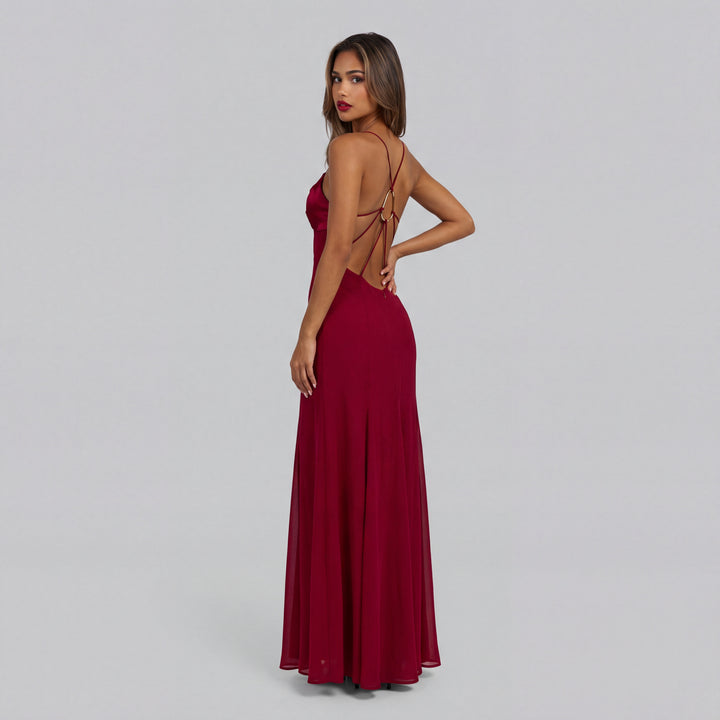 Lexia | Women’s Red Satin Maxi Dress with Front Cutout and Spaghetti Straps