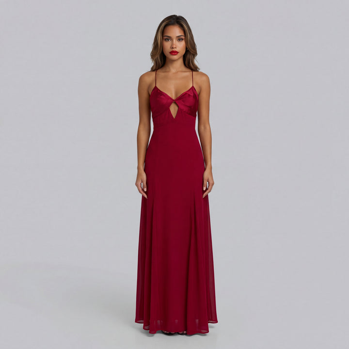 Lexia | Women’s Red Satin Maxi Dress with Front Cutout and Spaghetti Straps