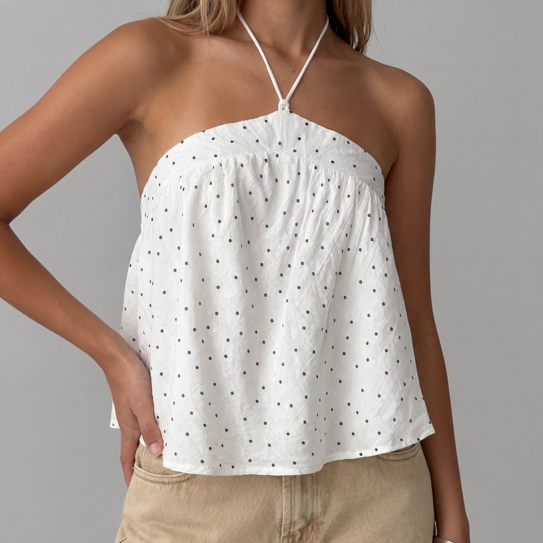 Allegra | Women’s Polka Dot Halter Blouse with Pleated Front