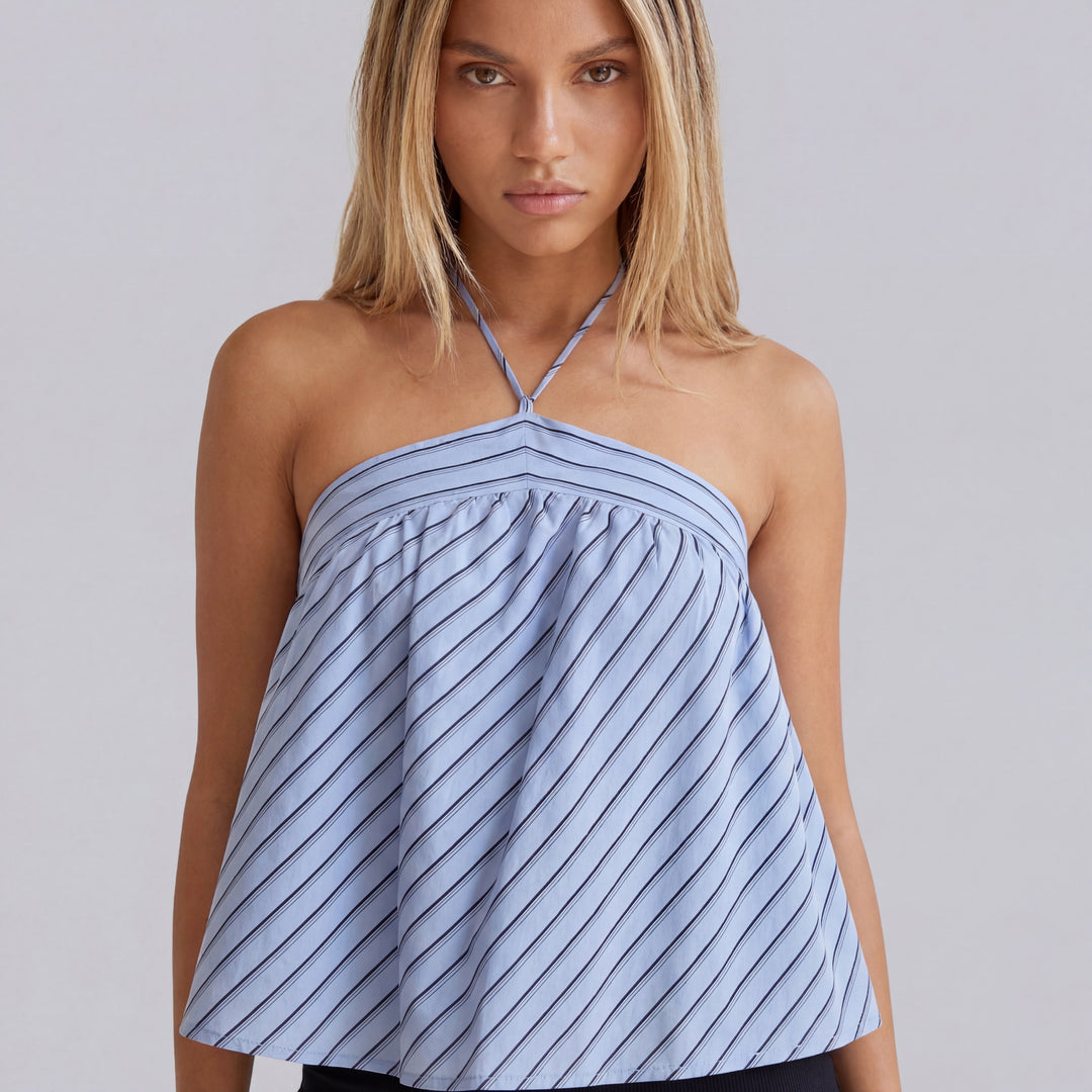 Allegra | Women’s Striped Halter Blouse with Pleated Front